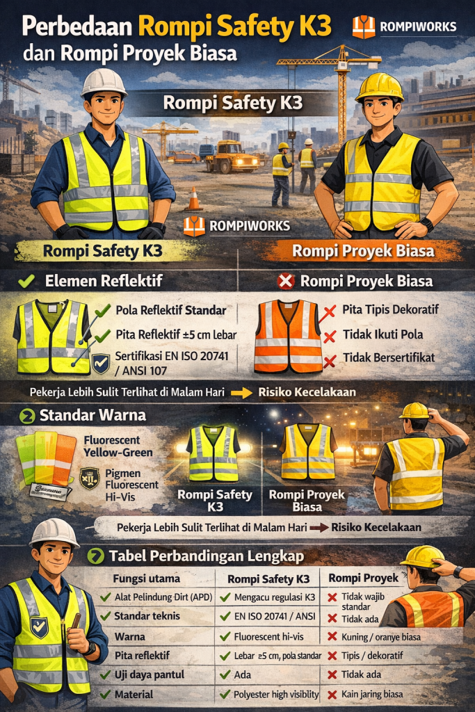 perbedaan rompi safety k3 dengan rompi proyek biasa